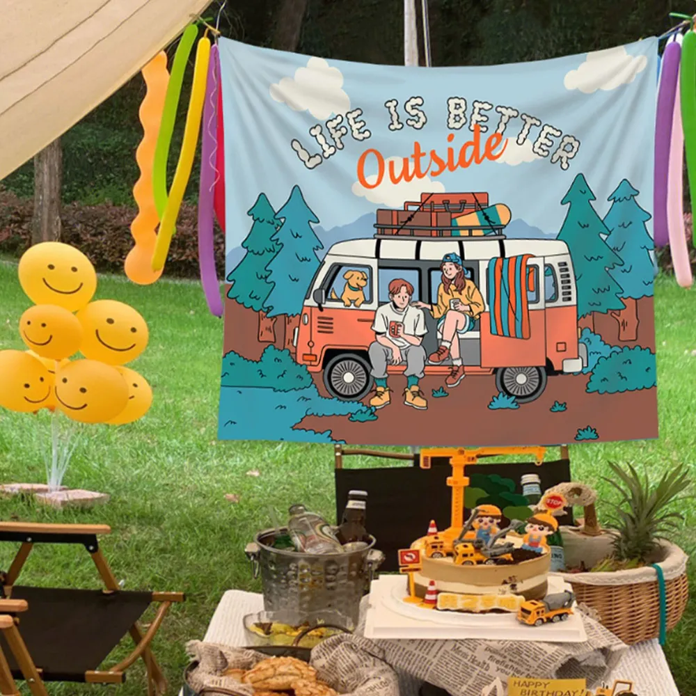 Retro camperwagen wandkleed, w - Outdoor Adventure Background recensie en prijs